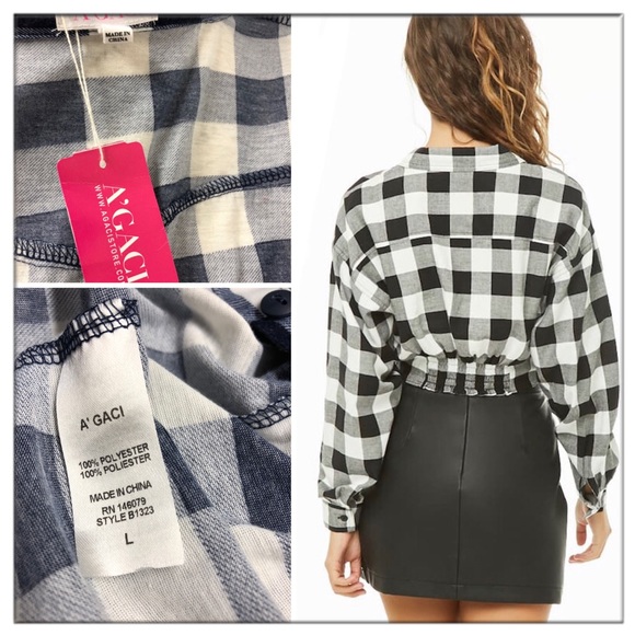 A’GACI Navy & white plaid crop button down - Picture 4 of 5